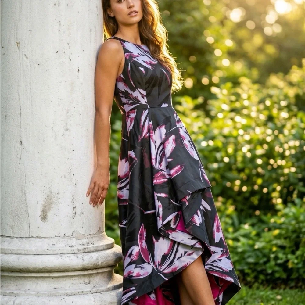 Adrianna Papell Floral High Low Dress Size 4 Black Pink Formal Evening Gown - Picture 3 of 12